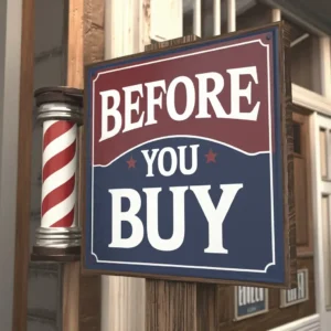 Exterior barber shop sign "Before you buy"